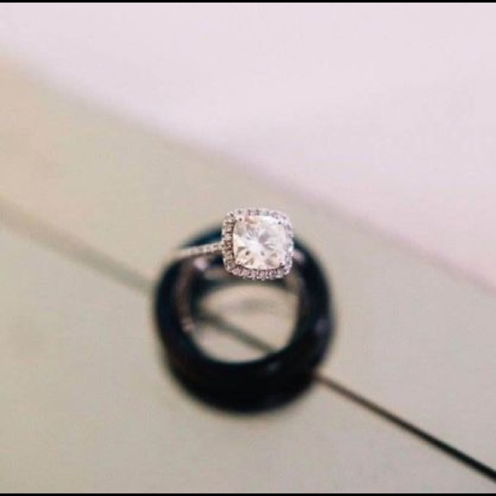 14k White Gold Cushion Moissanite and Diamond Halo Wedding Band Set (Size 5)